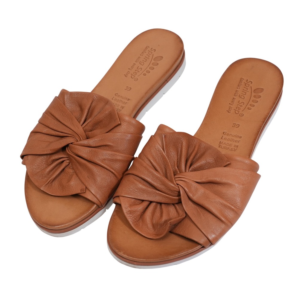 Spring Step Lavona Slide Sandals Women 39 Brown Leather Twist Bow Comfort Flat